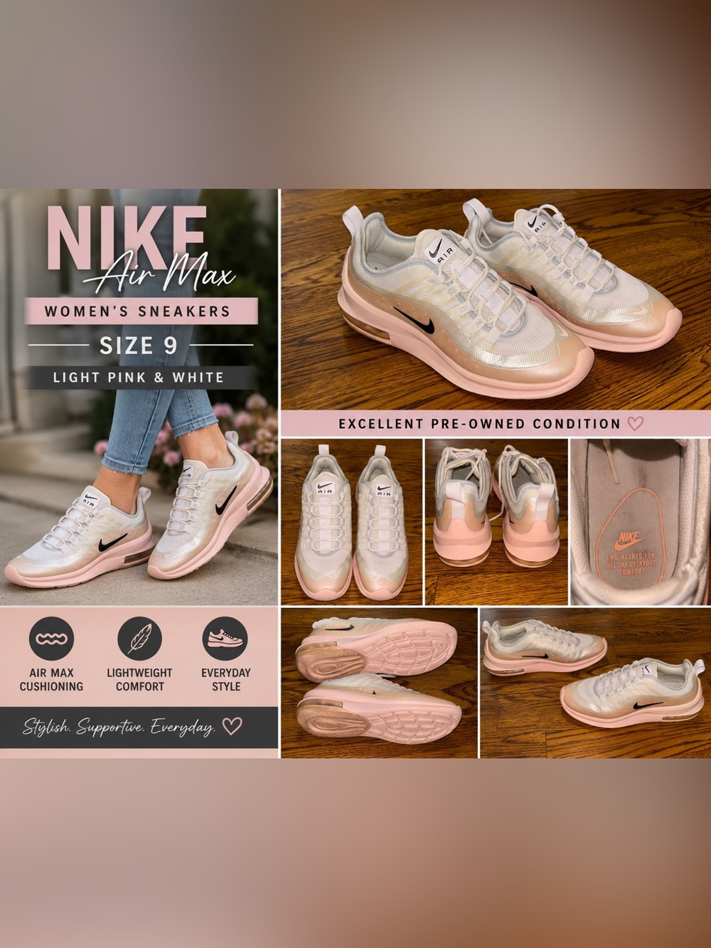 Nike Air Max Women’s Sneakers Size 9 White & Light Pink Running Shoes
